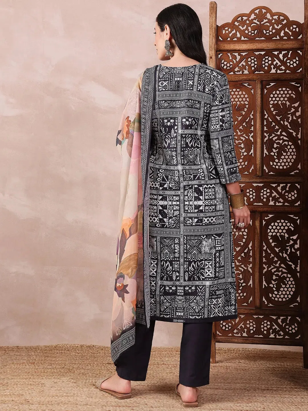 Ahika Women Black Silk Blend Geometric Printed Straight Kurta Trouser With Dupatta-PKSKD2542BLK