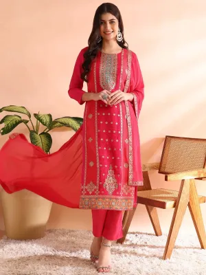Ahika Women Pink Organza Ethnic Motifs Woven Design Straight Kurta Trousers With Dupatta-PKSKD2587