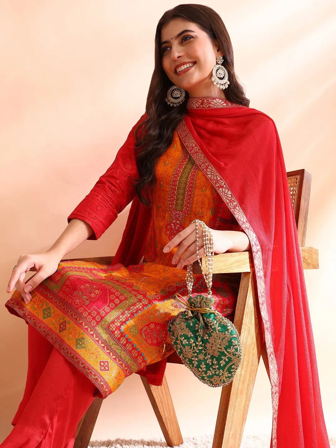Ahika Women Red Chanderi Silk Ethnic Motifs Woven Design Straight Kurta Trousers With Dupatta-PKSKD2585