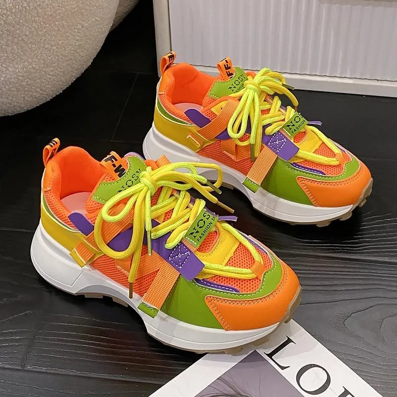 Autumn Ladies Casual Sneakers for Women Fashion Color Platform Shoes Mesh Breathable Lady Running Sporty Lace-up Shoes