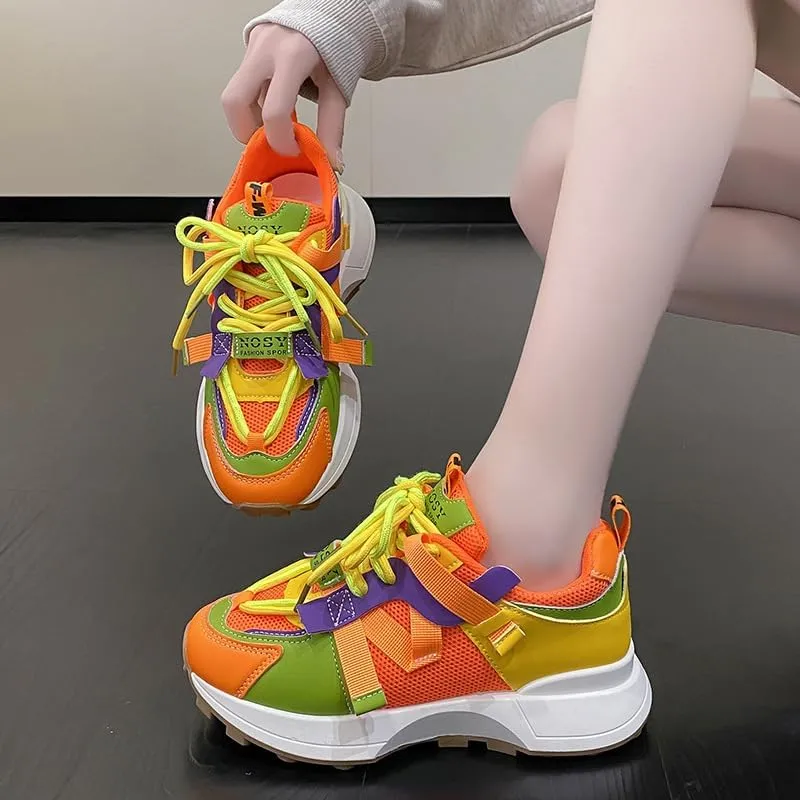 Autumn Ladies Casual Sneakers for Women Fashion Color Platform Shoes Mesh Breathable Lady Running Sporty Lace-up Shoes