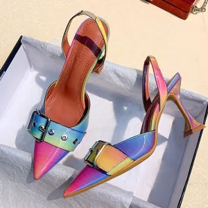 Big Size 35-42 Rainbow Colorful Patent Leather Women Sandals Elegant Pointed Toe Buckle High Heels Wedding Shoes Slingback Pumps