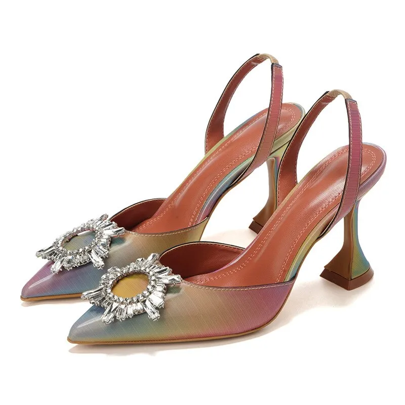 Big Size 35-42 Rainbow Colorful Patent Leather Women Sandals Elegant Pointed Toe Buckle High Heels Wedding Shoes Slingback Pumps