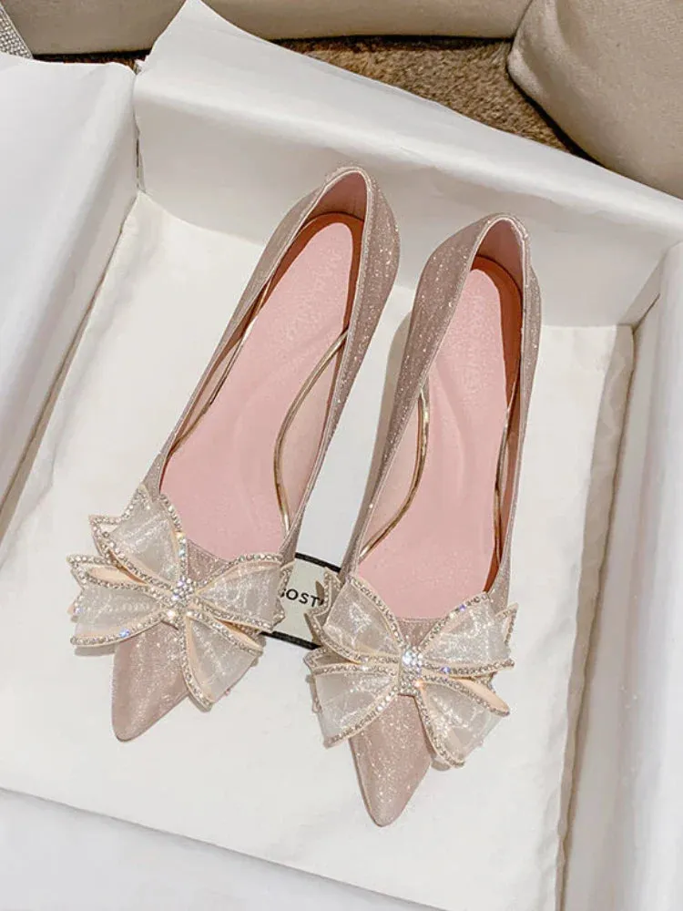binfenxie  -  Fairy Elegant High Heels Lady Rhinestone Gauze Korean Style Casual Shoes Party Design Bow French Bridal Pumps Women Summer 2024
