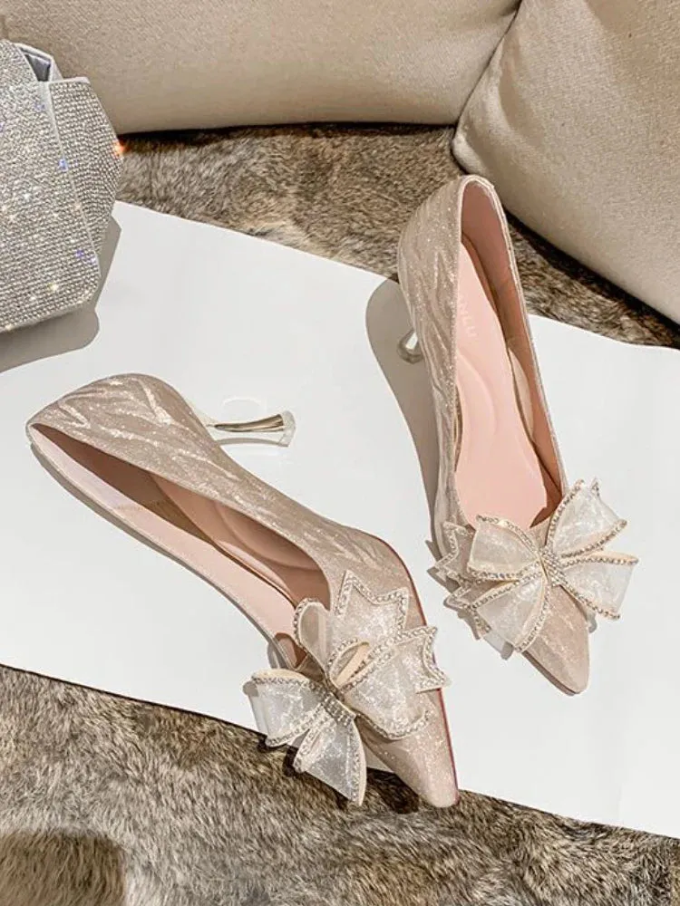 binfenxie  -  Fairy Elegant High Heels Lady Rhinestone Gauze Korean Style Casual Shoes Party Design Bow French Bridal Pumps Women Summer 2024