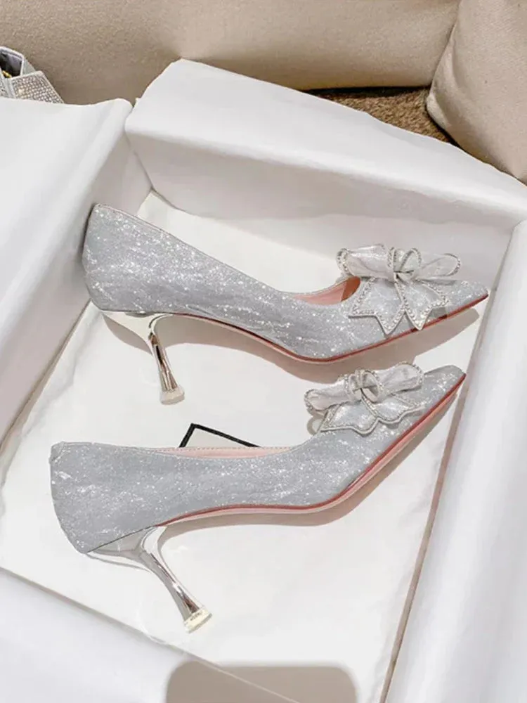 binfenxie  -  Fairy Elegant High Heels Lady Rhinestone Gauze Korean Style Casual Shoes Party Design Bow French Bridal Pumps Women Summer 2024