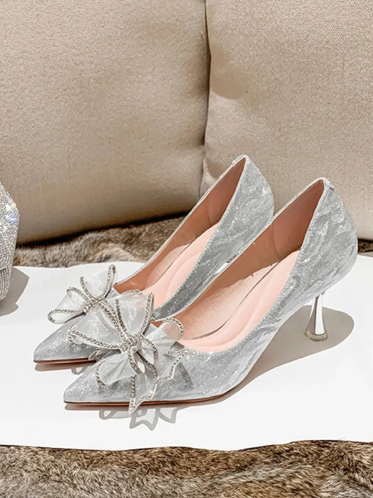 binfenxie  -  Fairy Elegant High Heels Lady Rhinestone Gauze Korean Style Casual Shoes Party Design Bow French Bridal Pumps Women Summer 2024