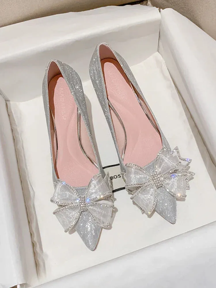 binfenxie  -  Fairy Elegant High Heels Lady Rhinestone Gauze Korean Style Casual Shoes Party Design Bow French Bridal Pumps Women Summer 2024
