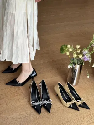 binfenxie  -  Sexy Women Pumps Office Shoes Pointed Toe Autumn Spring Dress Party Pumps Black Khaki Silver Shallow Slip On Elegant Bow Design