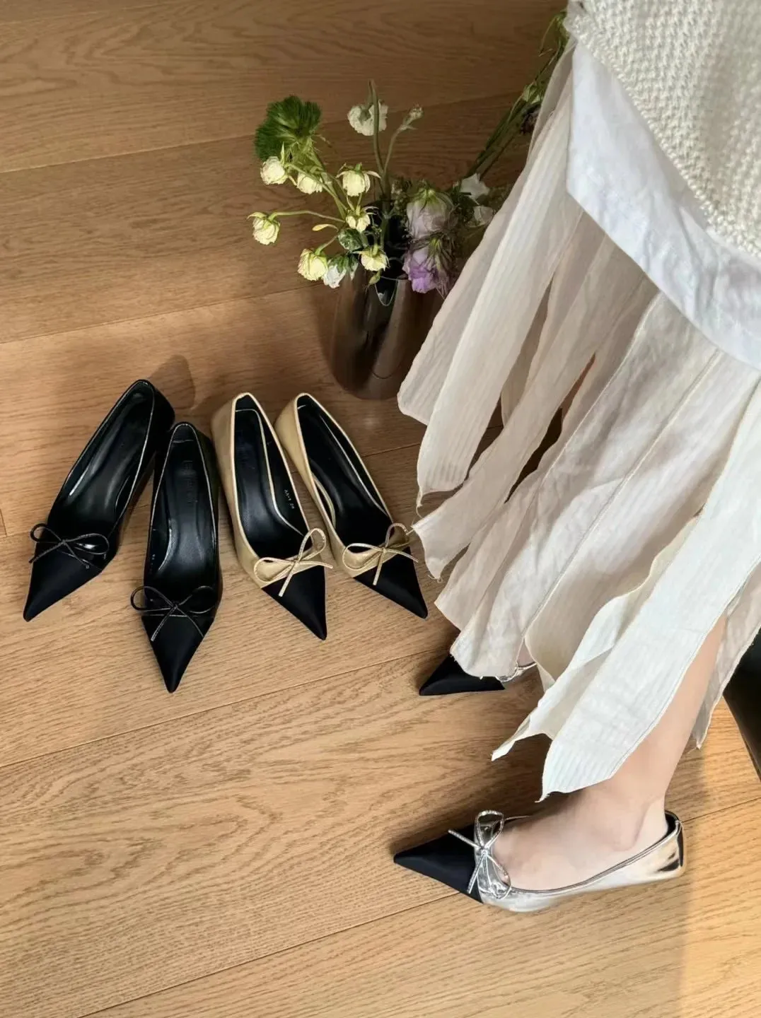 binfenxie  -  Sexy Women Pumps Office Shoes Pointed Toe Autumn Spring Dress Party Pumps Black Khaki Silver Shallow Slip On Elegant Bow Design