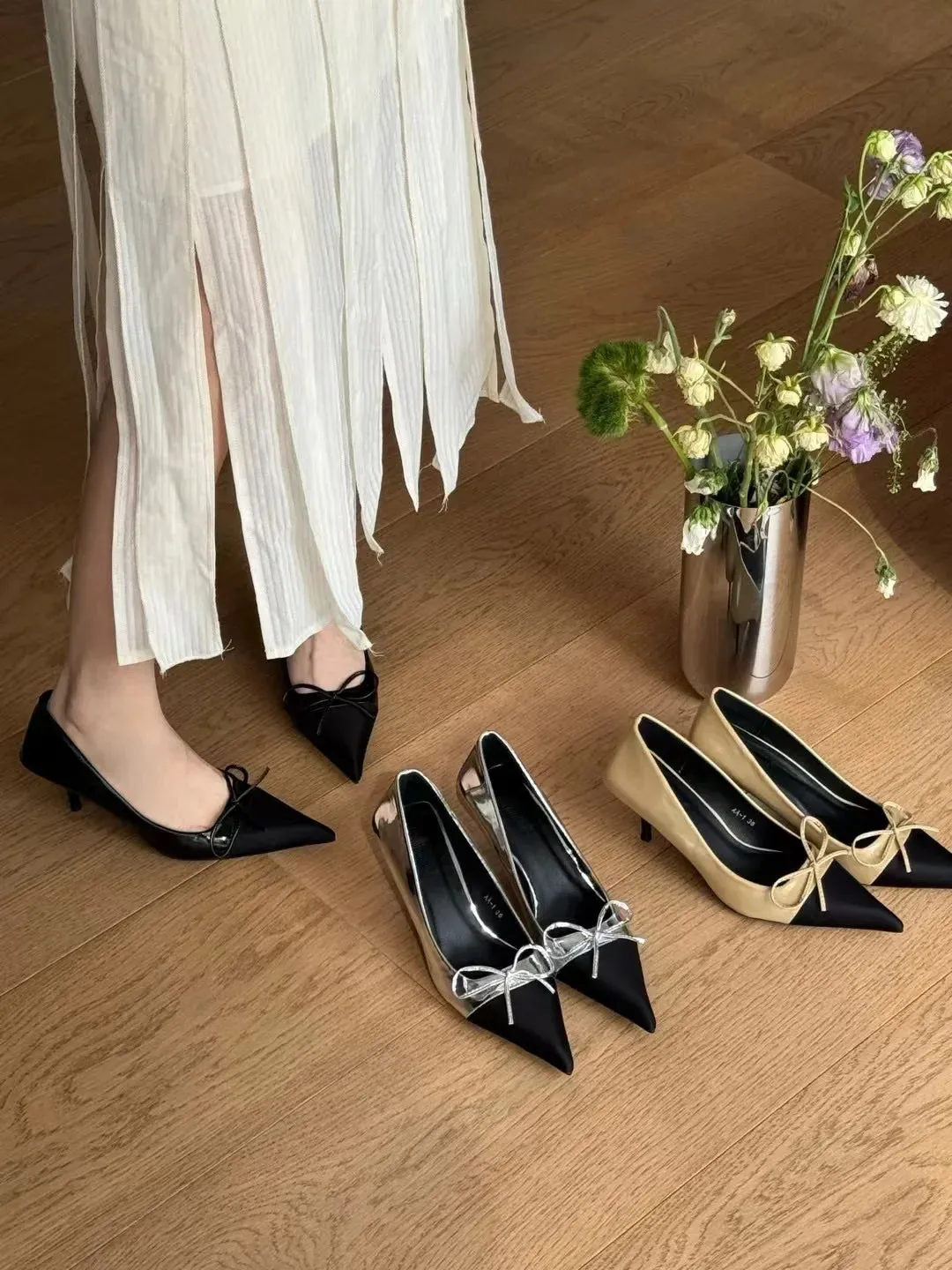 binfenxie  -  Sexy Women Pumps Office Shoes Pointed Toe Autumn Spring Dress Party Pumps Black Khaki Silver Shallow Slip On Elegant Bow Design