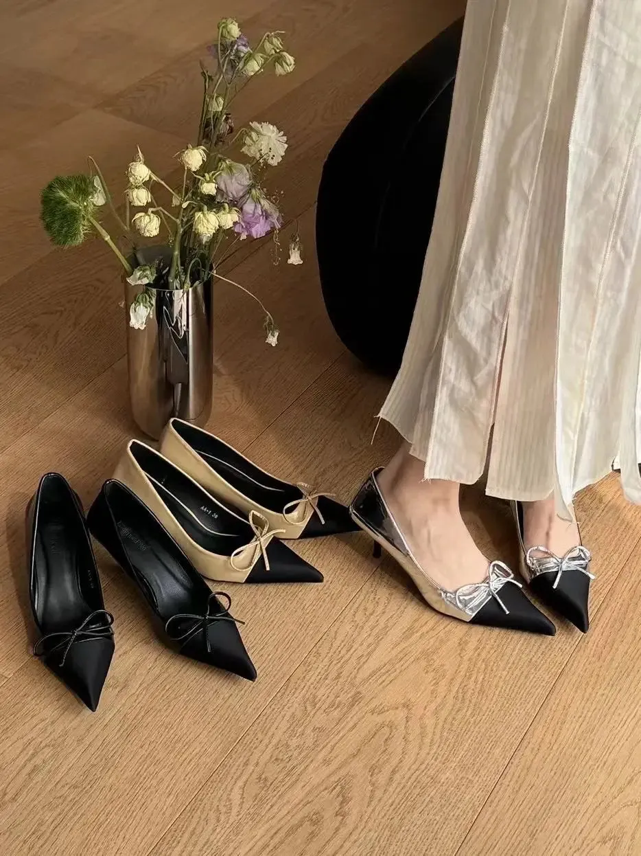 binfenxie  -  Sexy Women Pumps Office Shoes Pointed Toe Autumn Spring Dress Party Pumps Black Khaki Silver Shallow Slip On Elegant Bow Design