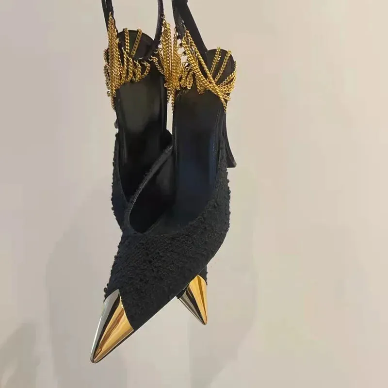 binfenxie  -  Star style Fashion Metal Chains Women Pumps Elegant Pointed toe Ankle Strap High heels Spring Summer Female Party Dress Shoes