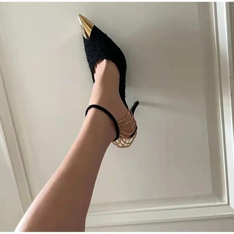 binfenxie  -  Star style Fashion Metal Chains Women Pumps Elegant Pointed toe Ankle Strap High heels Spring Summer Female Party Dress Shoes