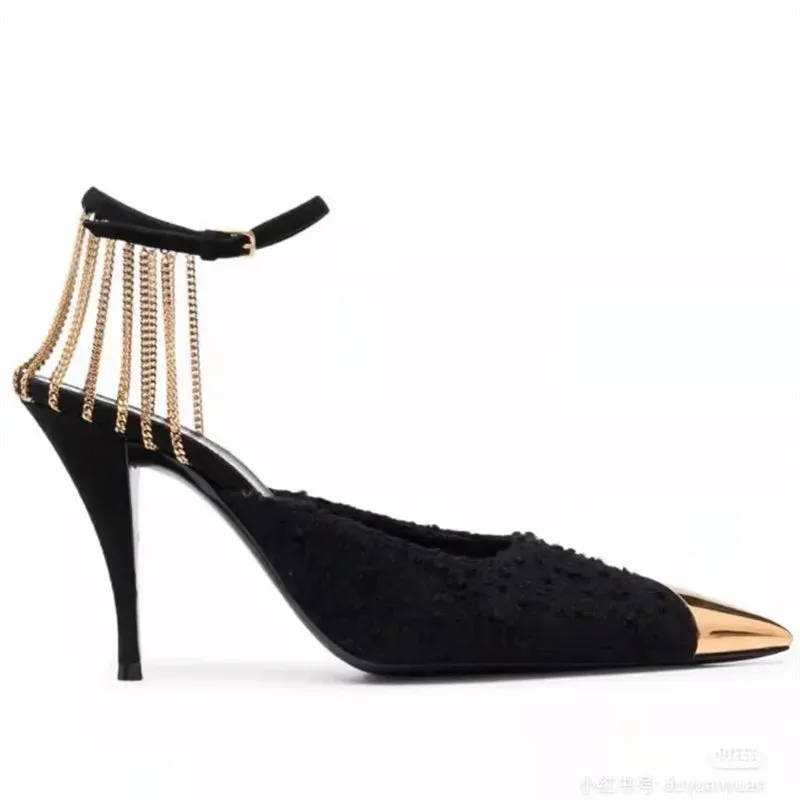 binfenxie  -  Star style Fashion Metal Chains Women Pumps Elegant Pointed toe Ankle Strap High heels Spring Summer Female Party Dress Shoes