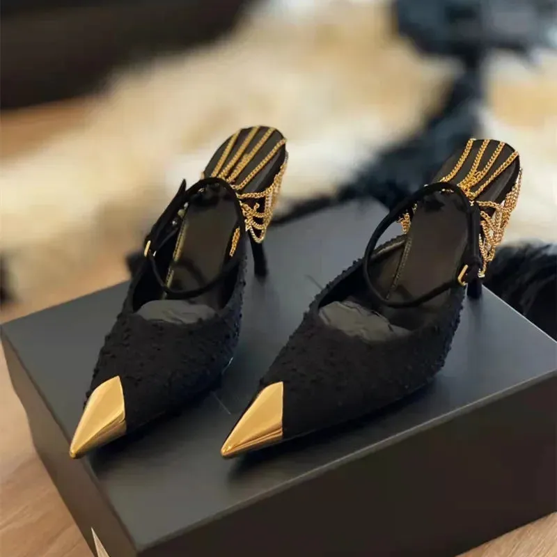 binfenxie  -  Star style Fashion Metal Chains Women Pumps Elegant Pointed toe Ankle Strap High heels Spring Summer Female Party Dress Shoes