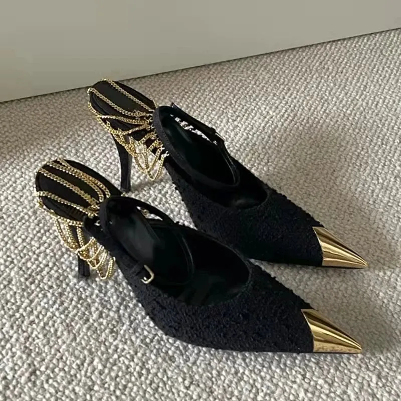 binfenxie  -  Star style Fashion Metal Chains Women Pumps Elegant Pointed toe Ankle Strap High heels Spring Summer Female Party Dress Shoes