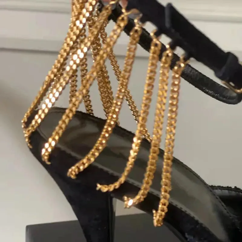 binfenxie  -  Star style Fashion Metal Chains Women Pumps Elegant Pointed toe Ankle Strap High heels Spring Summer Female Party Dress Shoes
