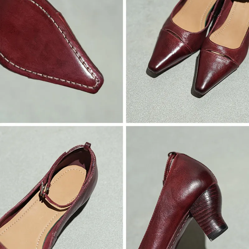Elegant Square Toe Mid Heel Kitten Washed Horse Leather Pumps in Red/Black