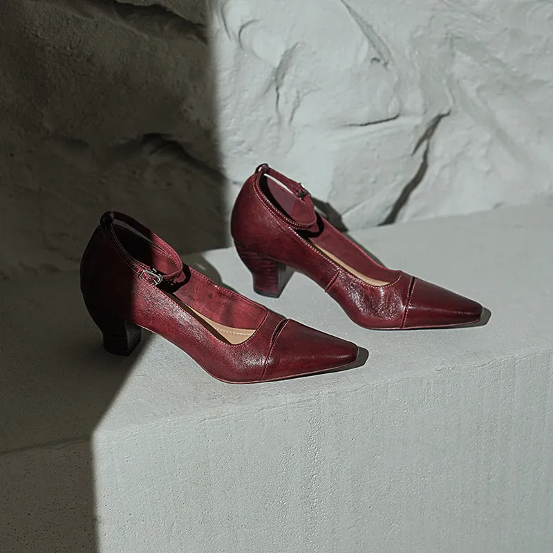 Elegant Square Toe Mid Heel Kitten Washed Horse Leather Pumps in Red/Black