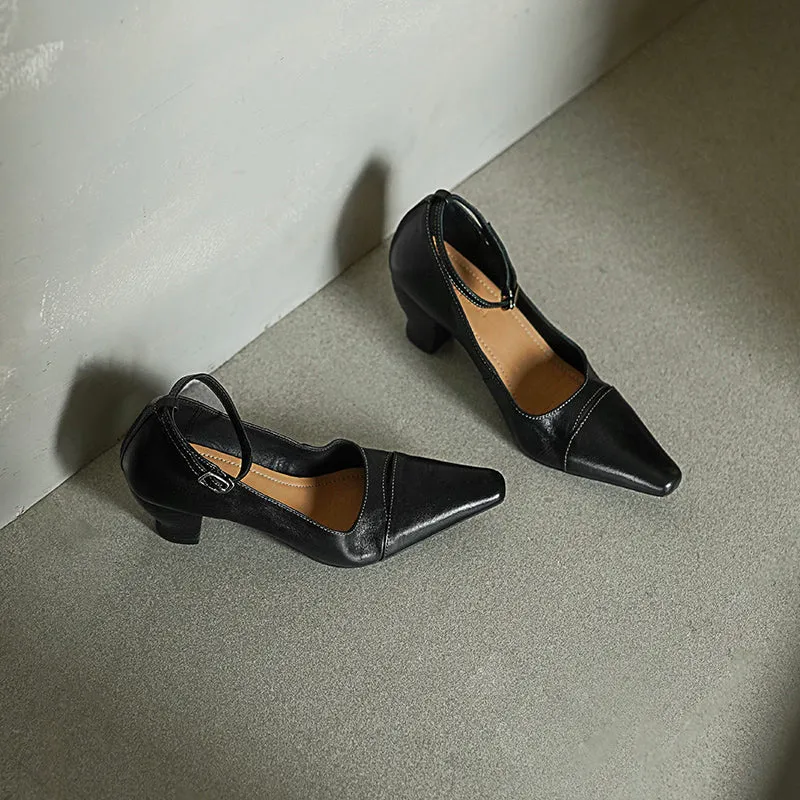 Elegant Square Toe Mid Heel Kitten Washed Horse Leather Pumps in Red/Black