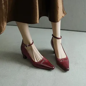 Elegant Square Toe Mid Heel Kitten Washed Horse Leather Pumps in Red/Black