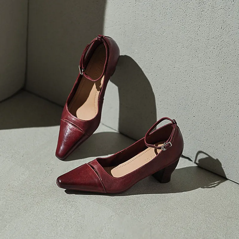 Elegant Square Toe Mid Heel Kitten Washed Horse Leather Pumps in Red/Black