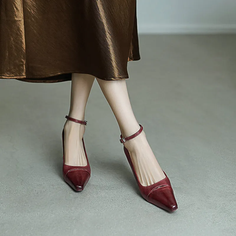 Elegant Square Toe Mid Heel Kitten Washed Horse Leather Pumps in Red/Black