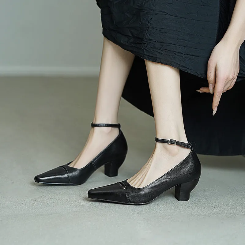 Elegant Square Toe Mid Heel Kitten Washed Horse Leather Pumps in Red/Black