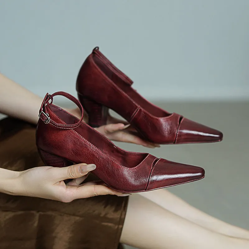 Elegant Square Toe Mid Heel Kitten Washed Horse Leather Pumps in Red/Black