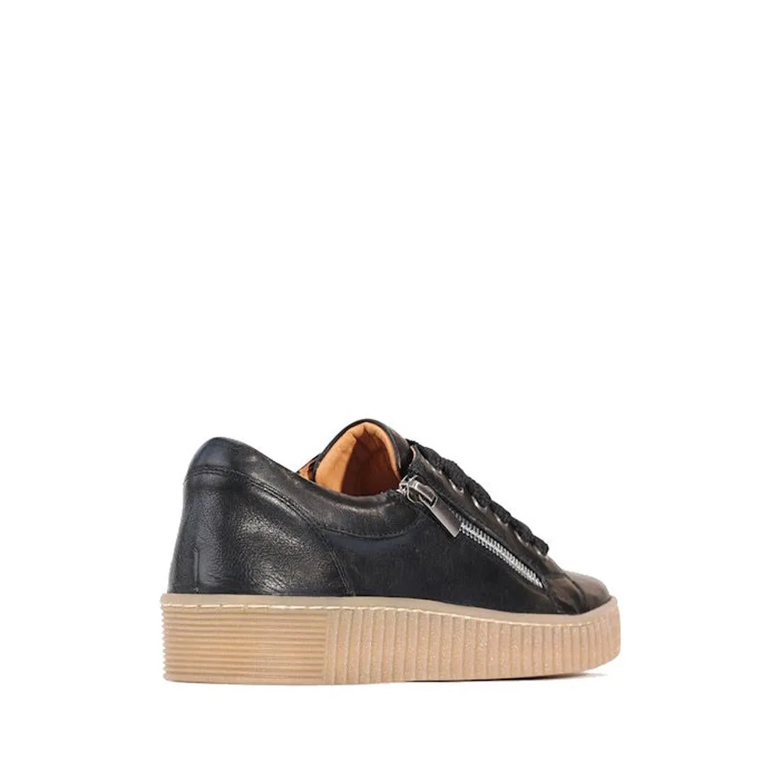 EOS Joyce Nero Leather Trainer Black Lace Up with Zip Gum Sole