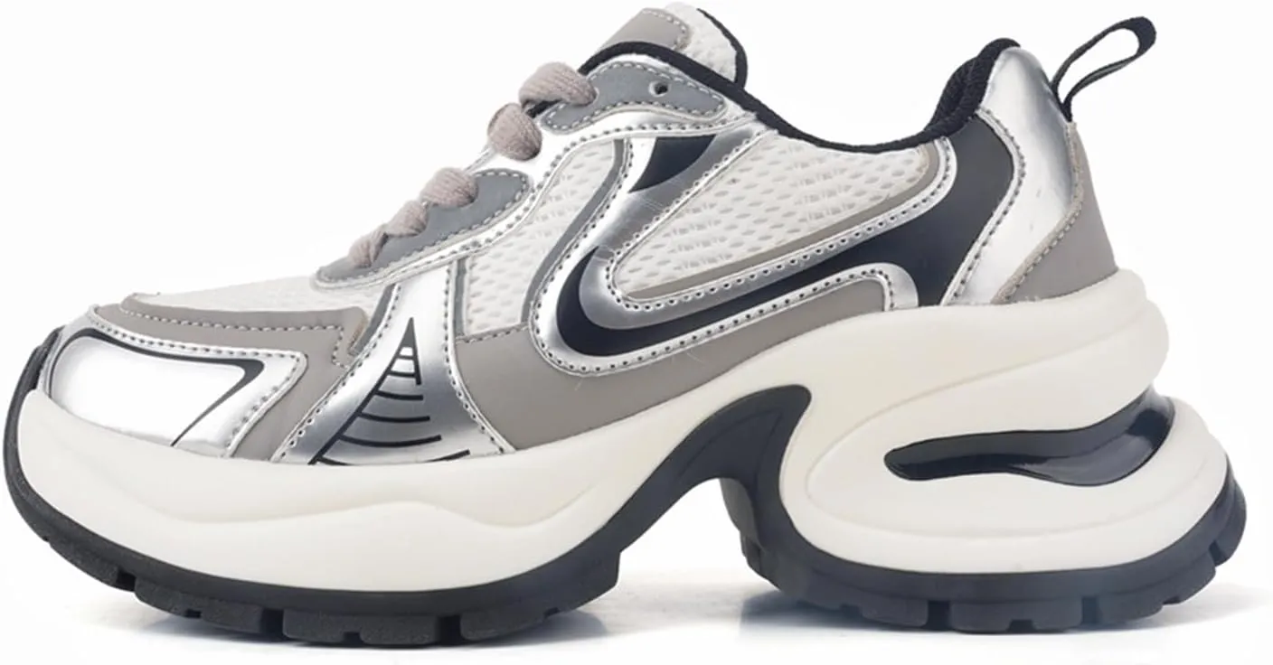 Fashion Lace-up Platform Sneakers for Women - Thick Bottom Casual Mesh Sports Shoes, Comfortable Sneaker.,Silver-38