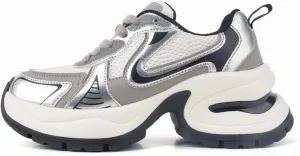 Fashion Lace-up Platform Sneakers for Women - Thick Bottom Casual Mesh Sports Shoes, Comfortable Sneaker.,Silver-38