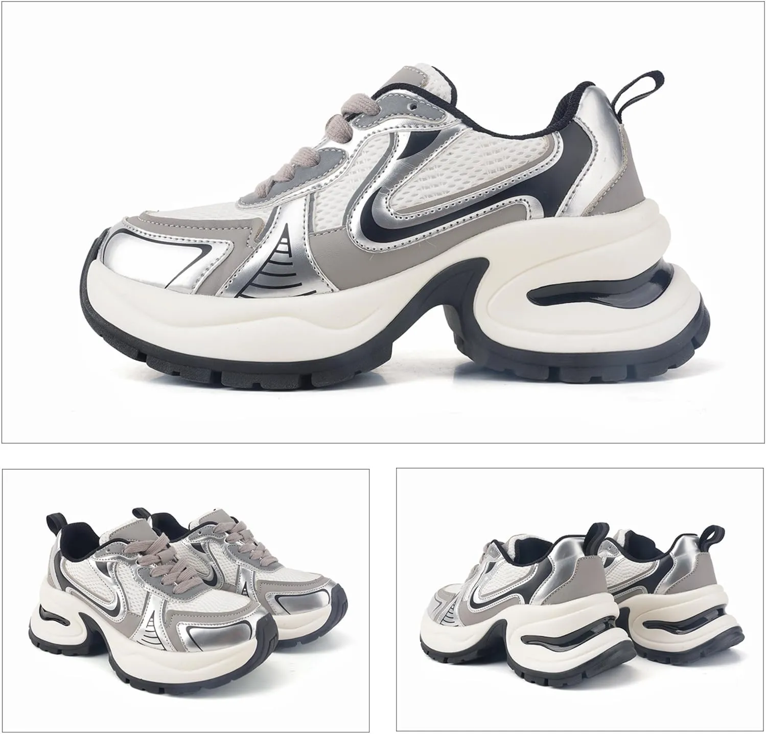 Fashion Lace-up Platform Sneakers for Women - Thick Bottom Casual Mesh Sports Shoes, Comfortable Sneaker.,Silver-38
