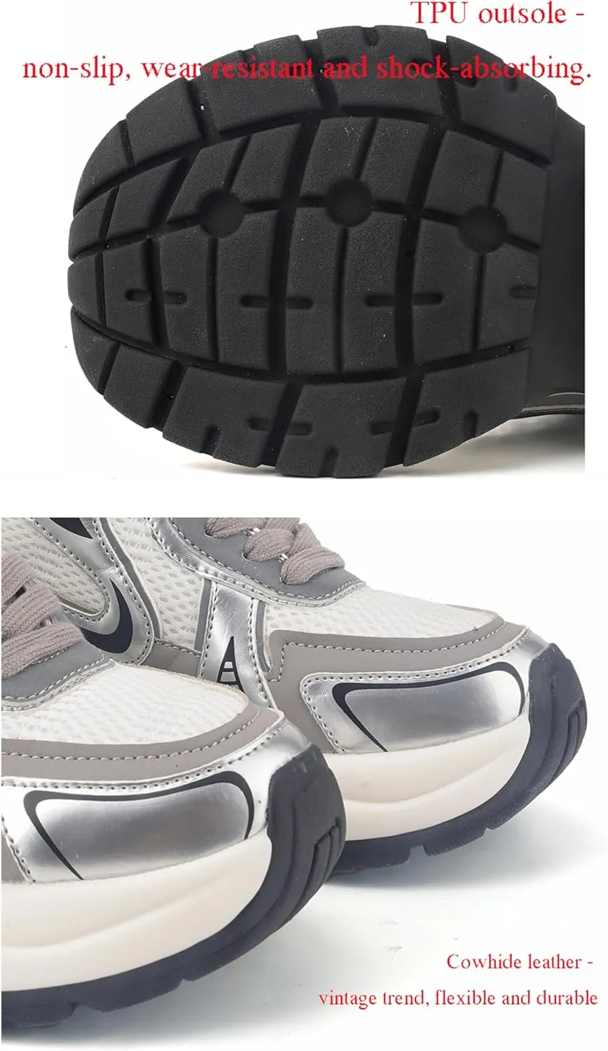 Fashion Lace-up Platform Sneakers for Women - Thick Bottom Casual Mesh Sports Shoes, Comfortable Sneaker.,Silver-38