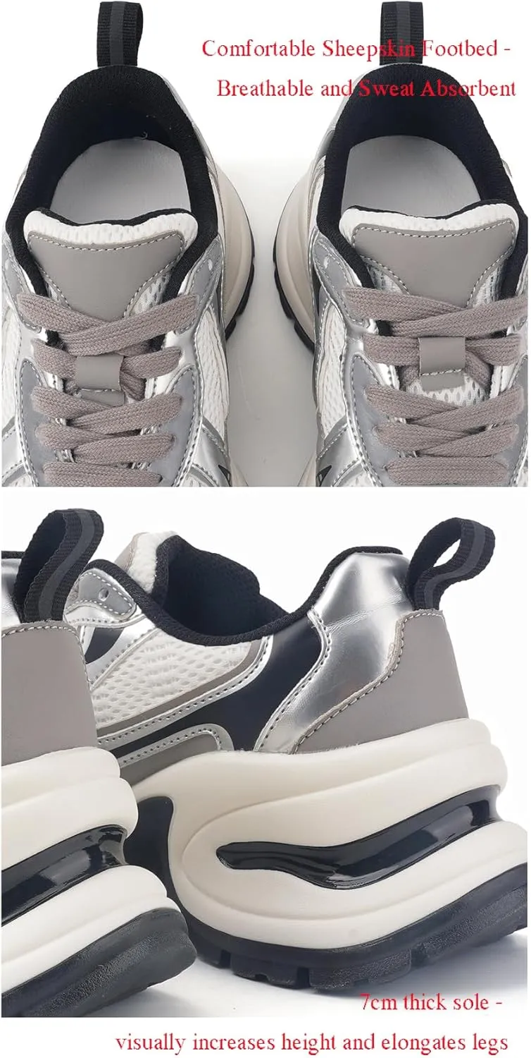 Fashion Lace-up Platform Sneakers for Women - Thick Bottom Casual Mesh Sports Shoes, Comfortable Sneaker.,Silver-38