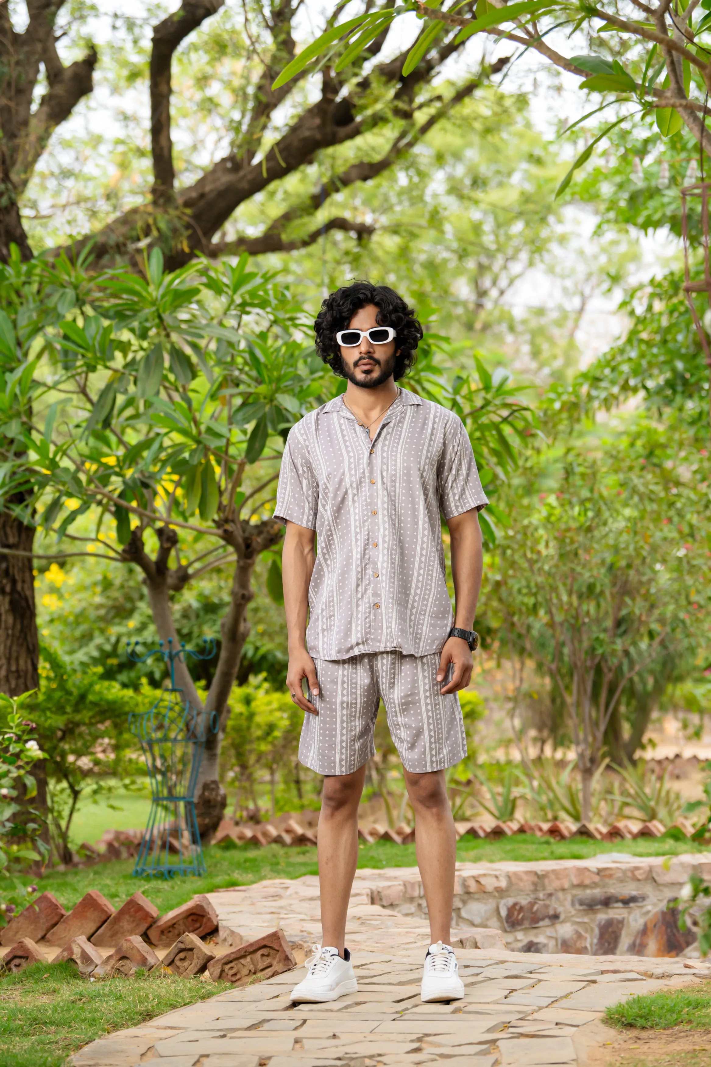 Firangi Yarn Printed Cuban Collar Grey Mandala Floral Summer Lounge and Beach Co-ord Set For Men