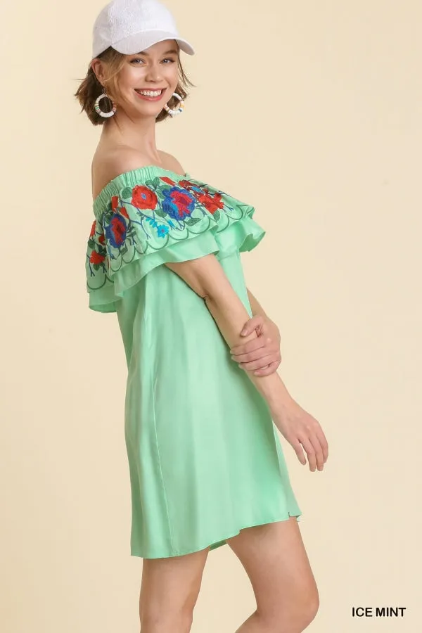 Floral Embroidered Ruffled Dress, Mint