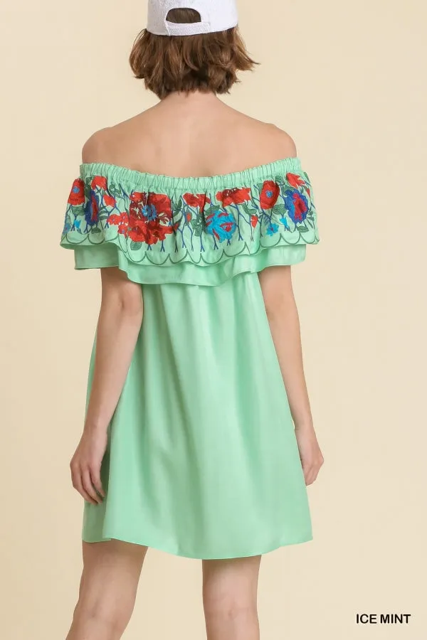 Floral Embroidered Ruffled Dress, Mint
