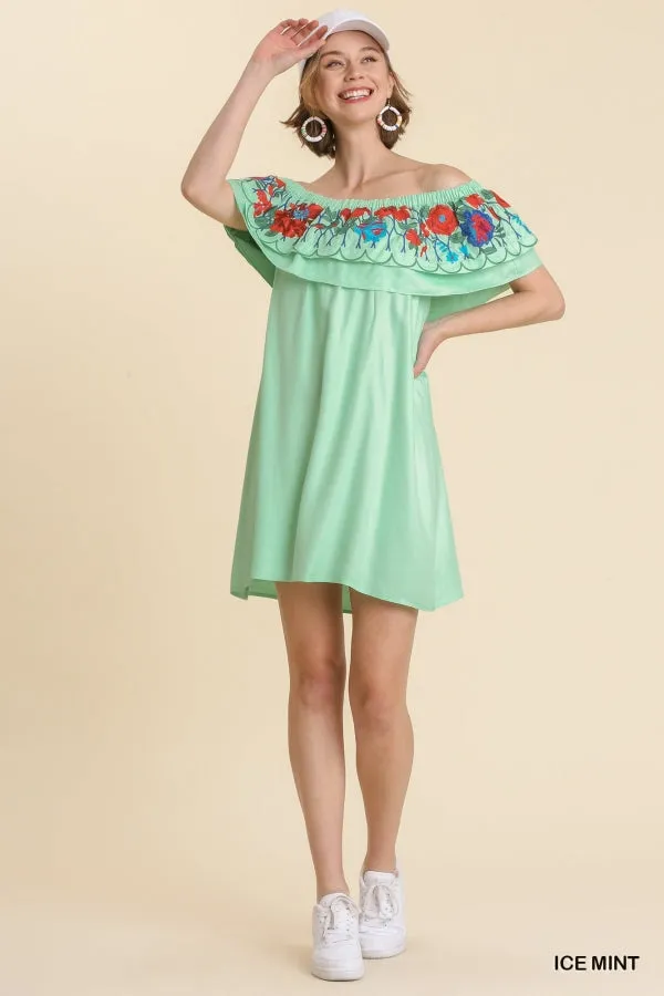 Floral Embroidered Ruffled Dress, Mint