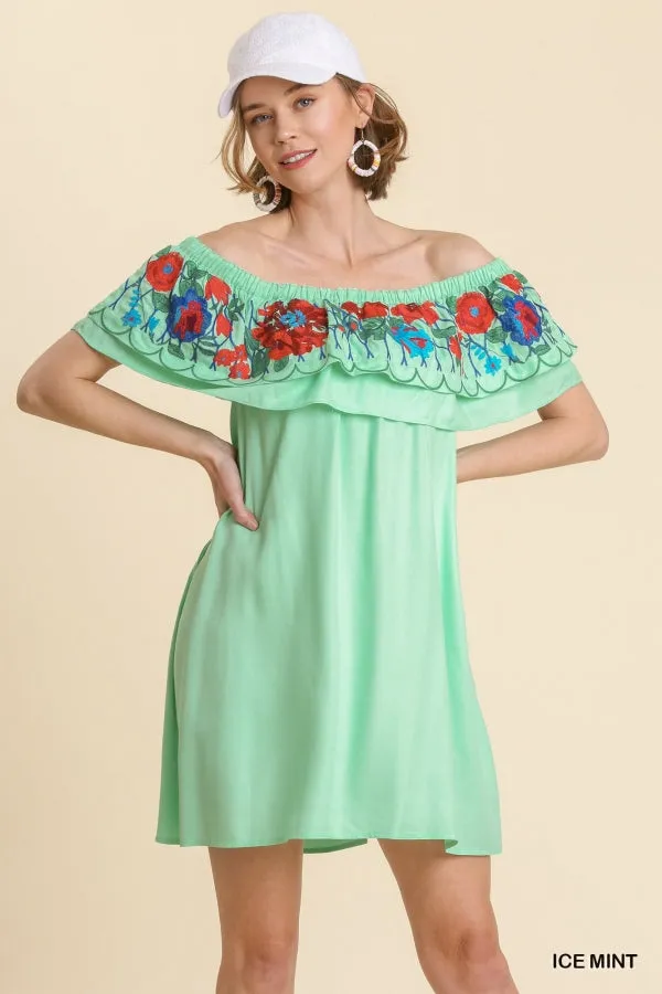 Floral Embroidered Ruffled Dress, Mint
