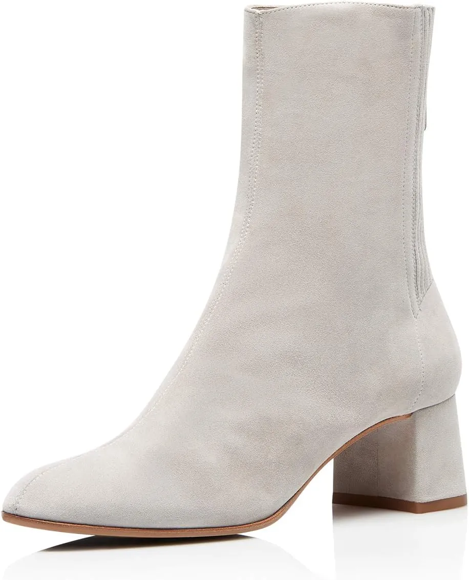 FSJ Women Classic Round Toe Low Chunky Block Heel Ankle Boots Trendy Back Zipper Winter Booties Suede Party Dress Shoes Size 4-15 US