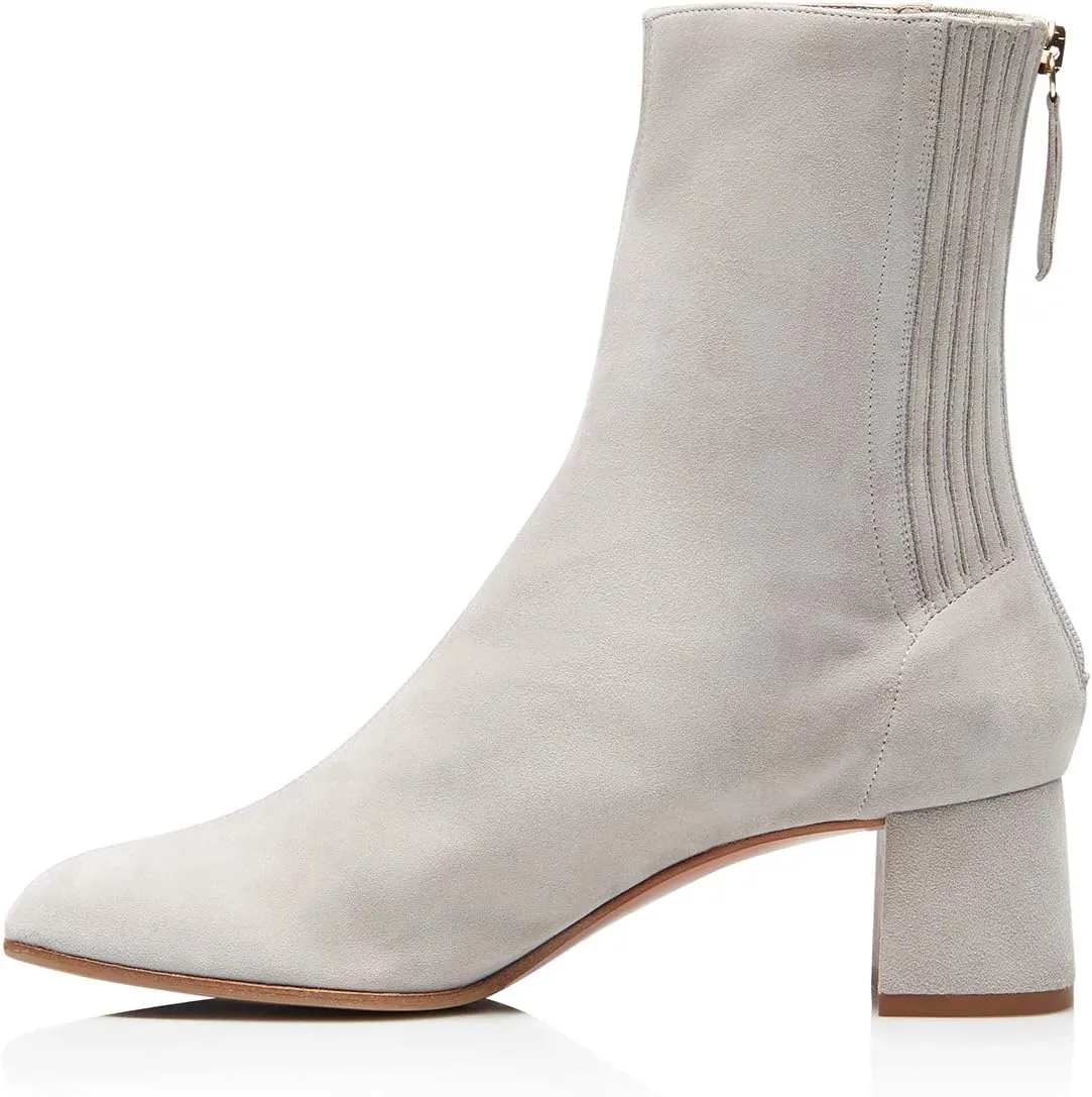 FSJ Women Classic Round Toe Low Chunky Block Heel Ankle Boots Trendy Back Zipper Winter Booties Suede Party Dress Shoes Size 4-15 US