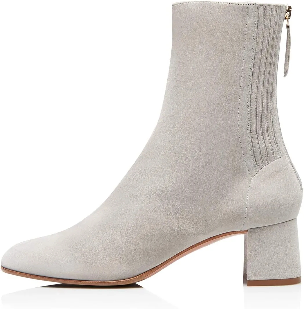 FSJ Women Classic Round Toe Low Chunky Block Heel Ankle Boots Trendy Back Zipper Winter Booties Suede Party Dress Shoes Size 4-15 US