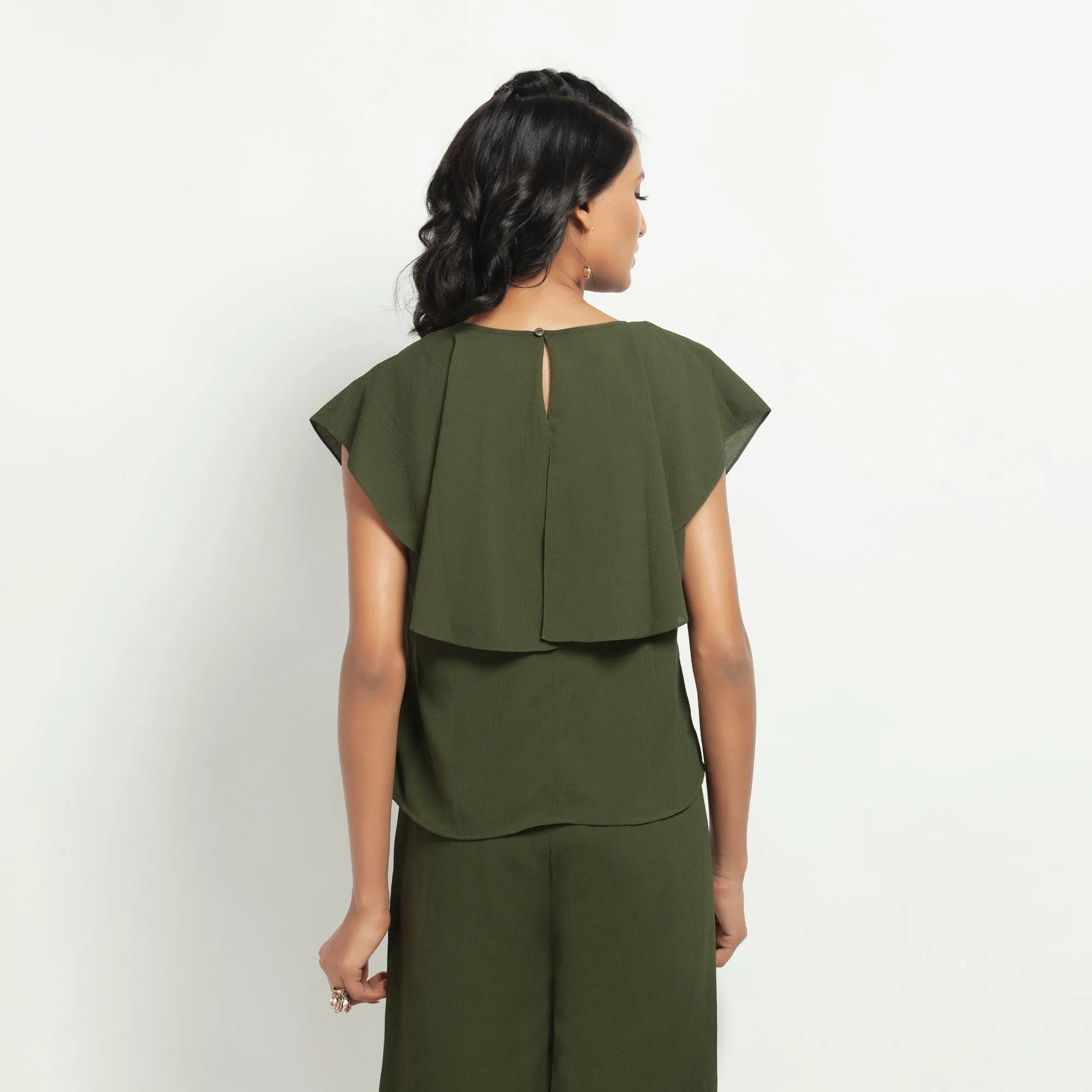 Green Crepe Top With Drape Shoulder