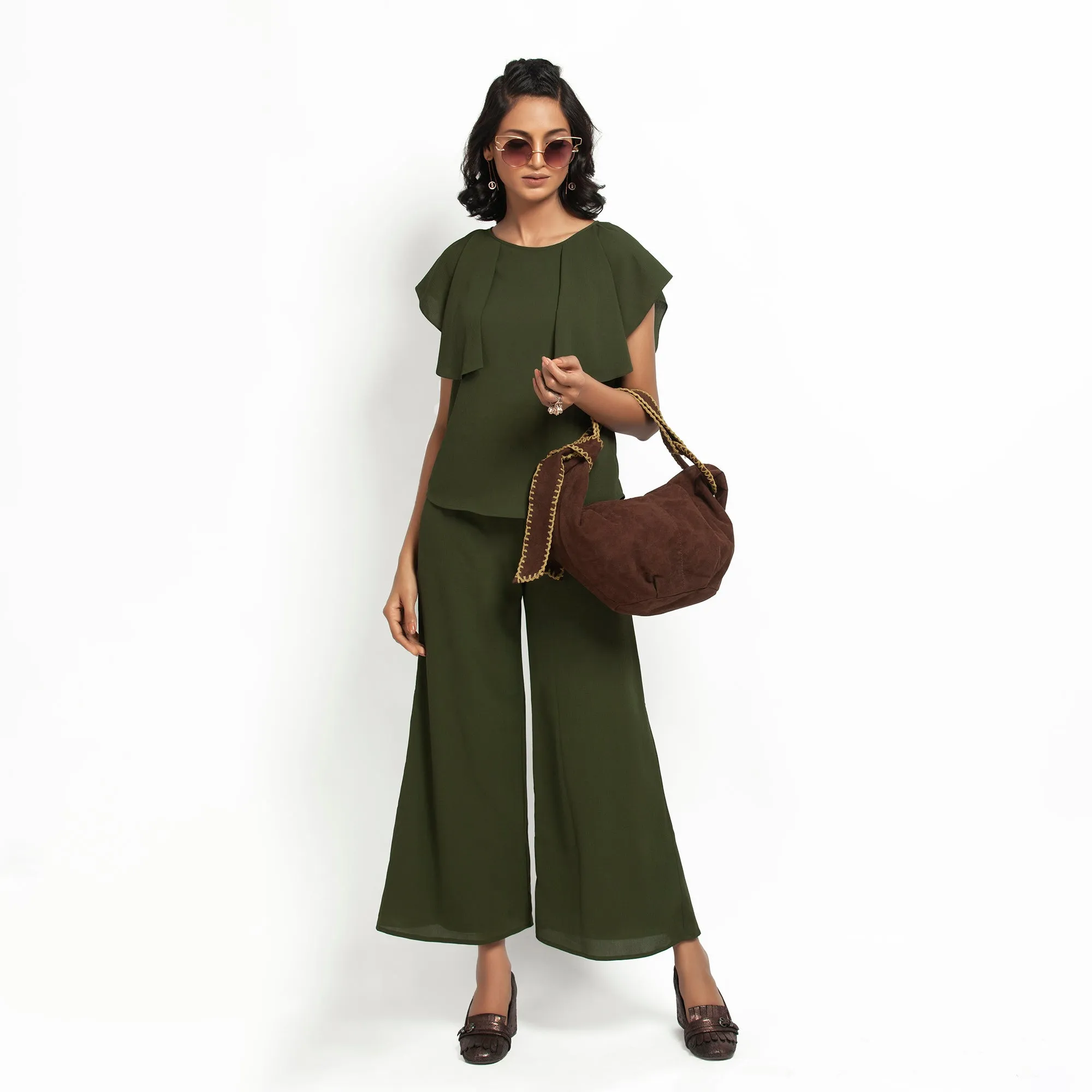 Green Crepe Top With Drape Shoulder