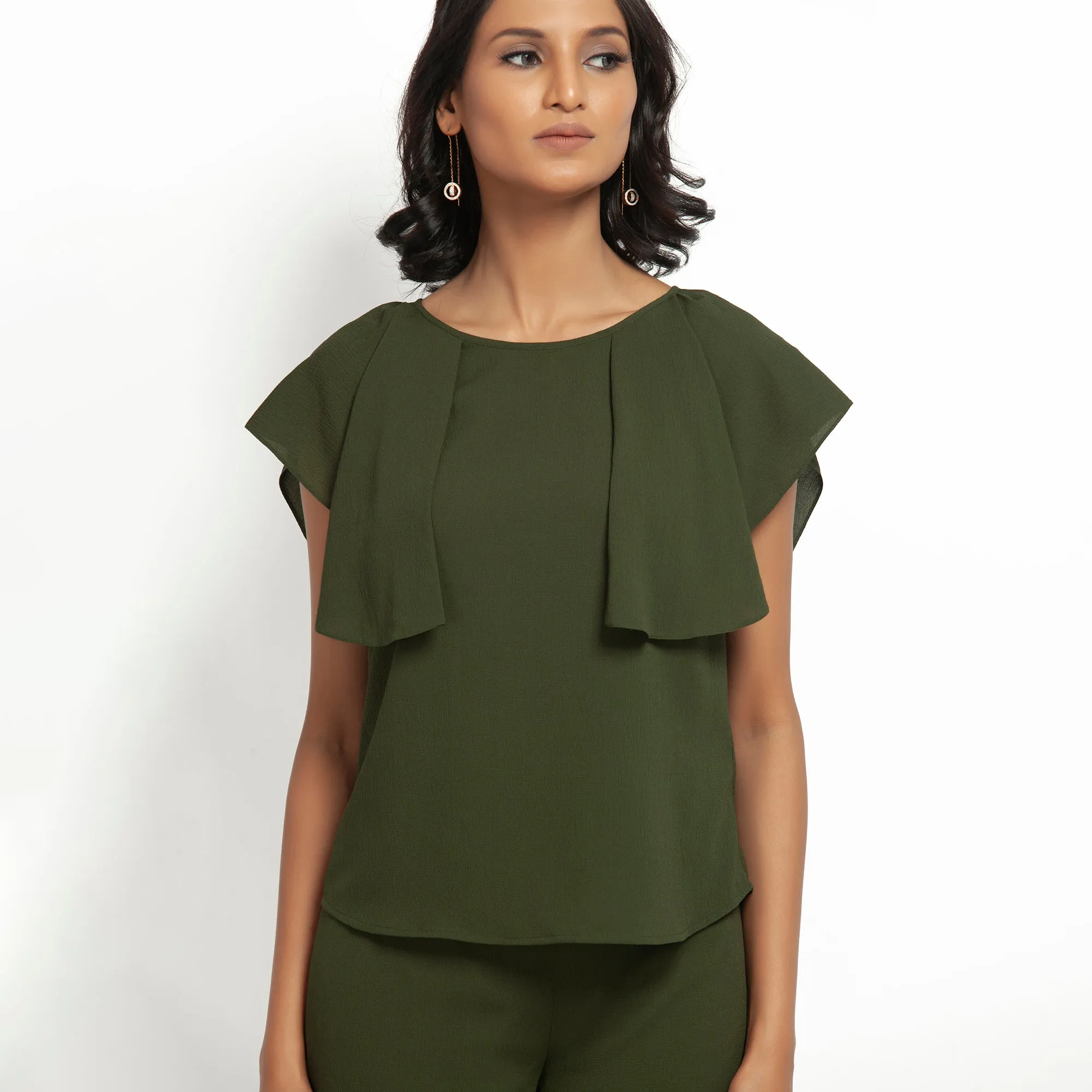 Green Crepe Top With Drape Shoulder