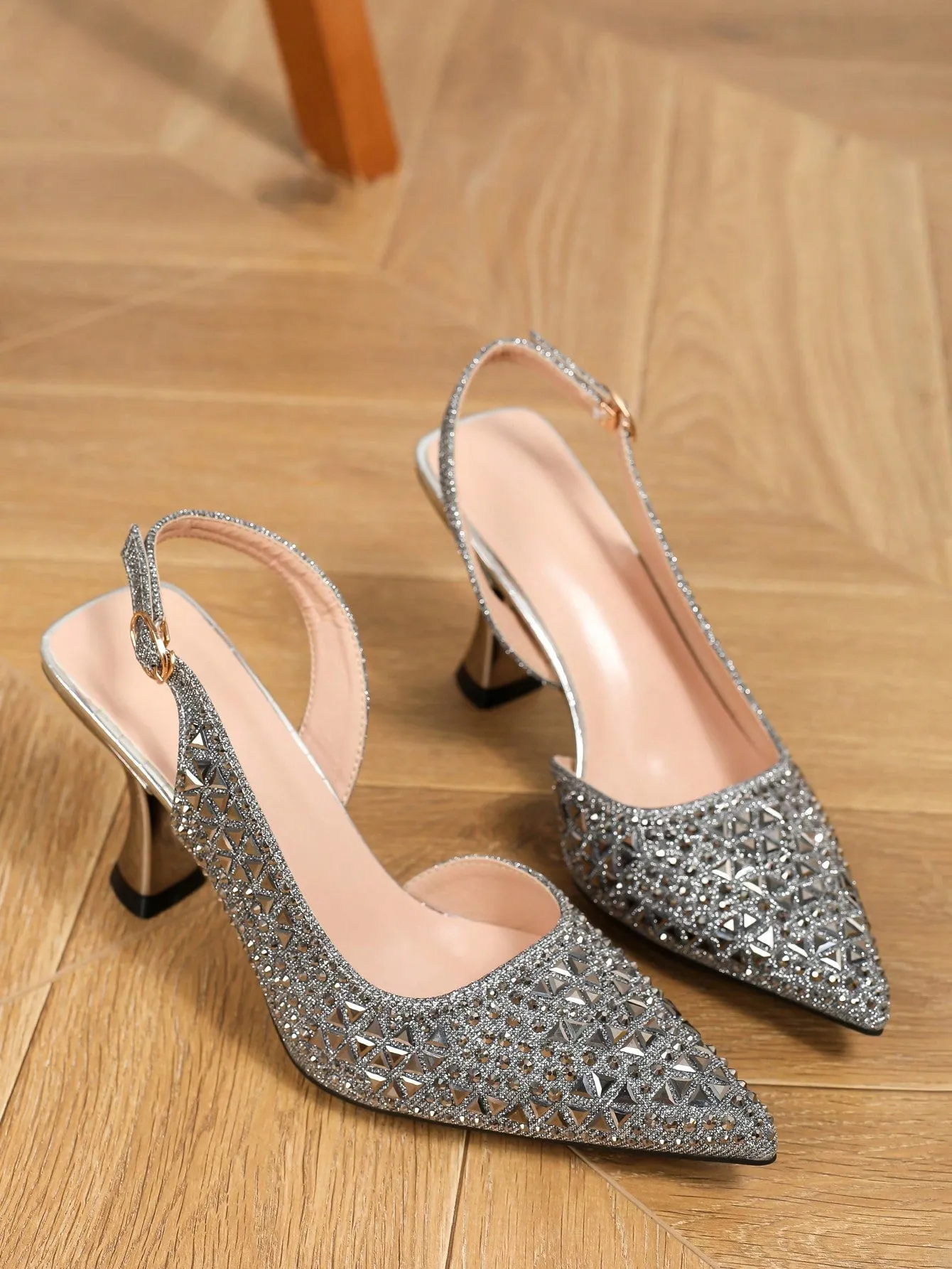 Ladies' Elegant Blue Rhinestone Pointed Toe High Heels With Ankle Strap