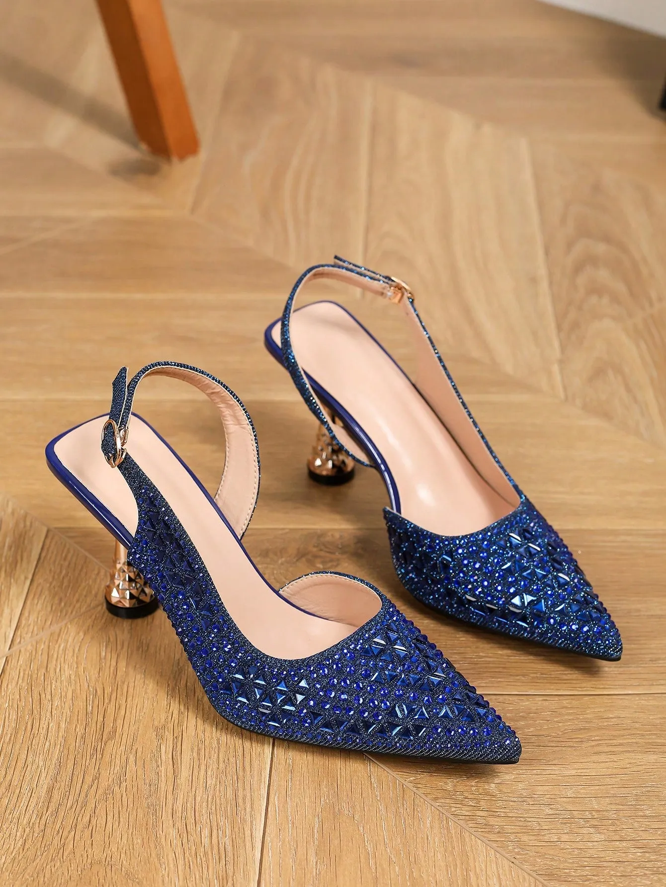 Ladies' Elegant Blue Rhinestone Pointed Toe High Heels With Ankle Strap