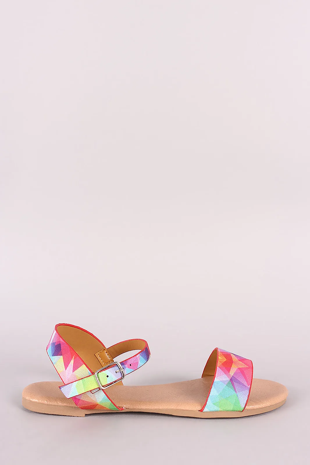 Liliana Kaleidoscope Print Open Toe Ankle Strap Flat Sandal